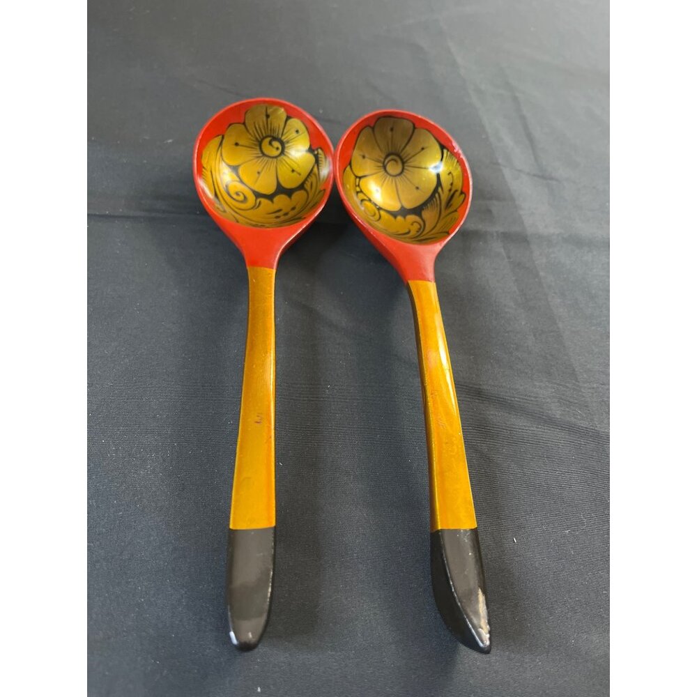 Russian Vintage Wooden Spoons Folk Art Hand Painted Set of 2 - Picture 2 of 5